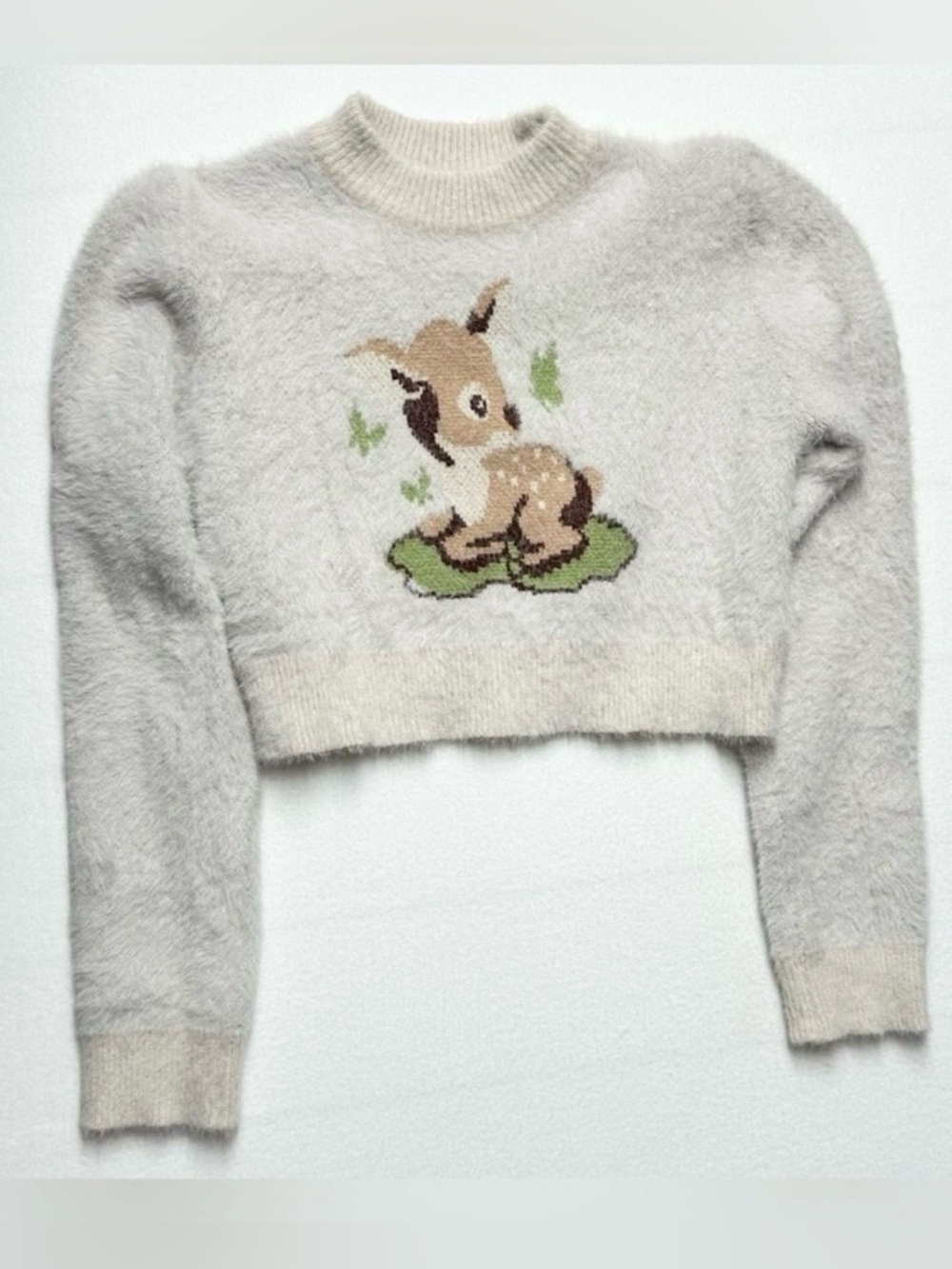 CIDER Women’s Large Fuzzy Deer Sweater – Beige Soft Girl Kawaii Cropped Cozy